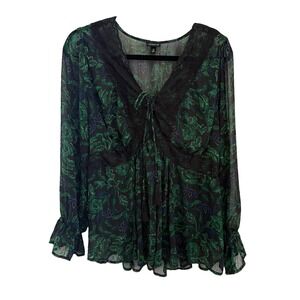 Whimsycore Sheer Black Green Top Size 0 Floral Lace Fairy Goth Long Slvs Torrid
